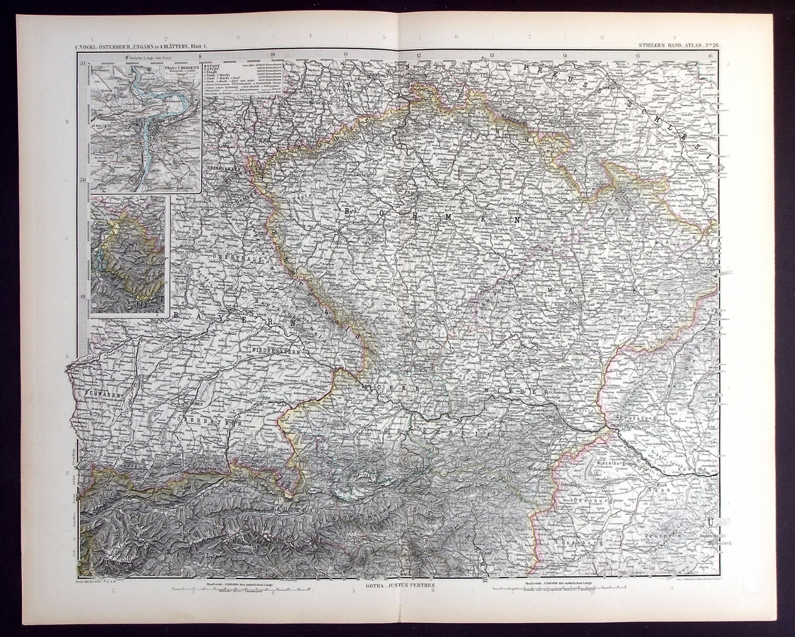 BOHEMIA, PRAGUE, AUSTRO-HUNGARIAN EMPIRE, original antique map, Stieler, 1889