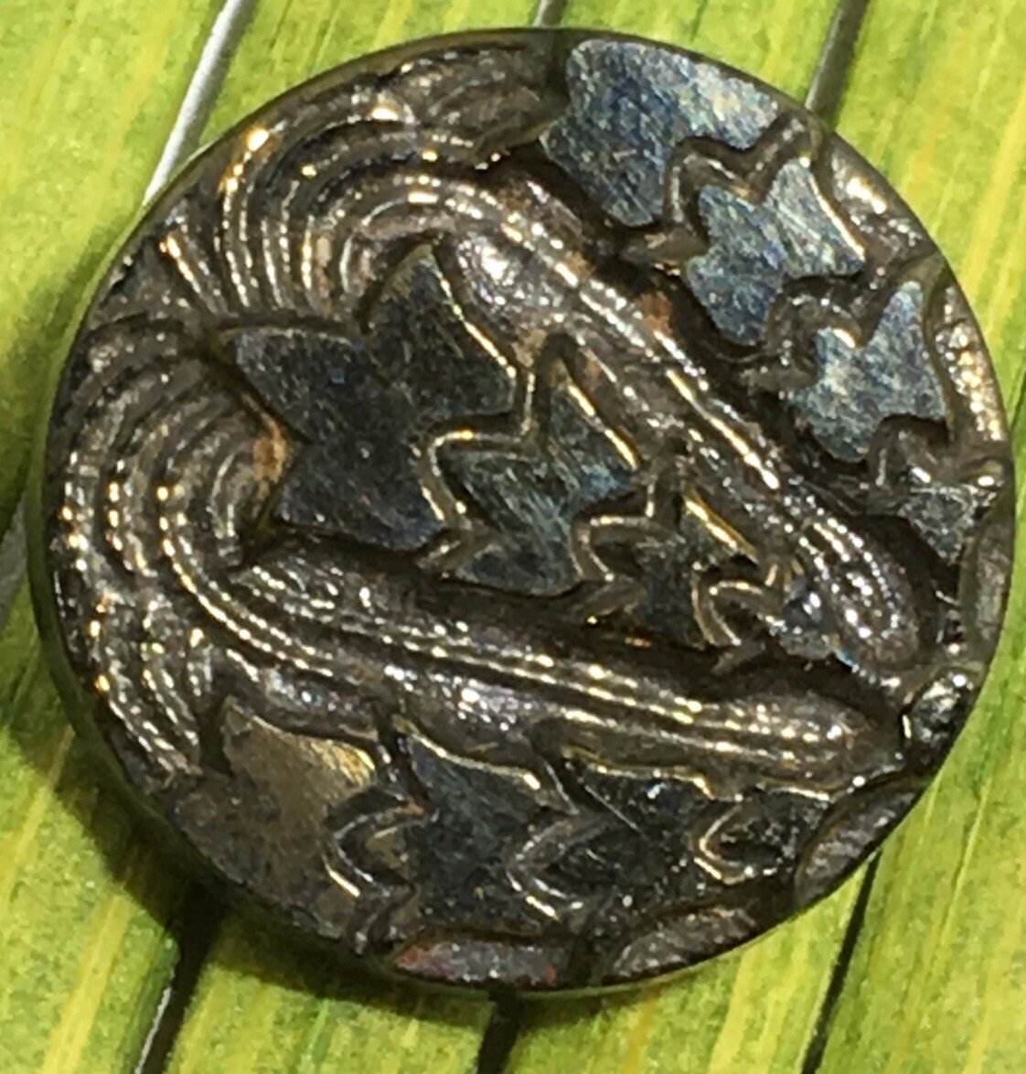 Antique Black Glass Button Art Deco Art Gold Foil Relief Tunnel Shank 5/8″