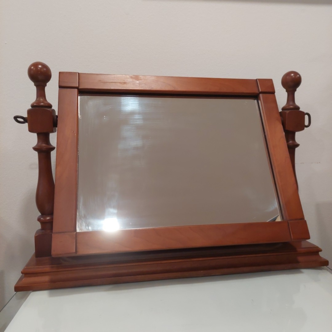 Vintage Dark Wood Table Top Shaving Make-Up Swivel Mirror 24×16, Mirror 18×14