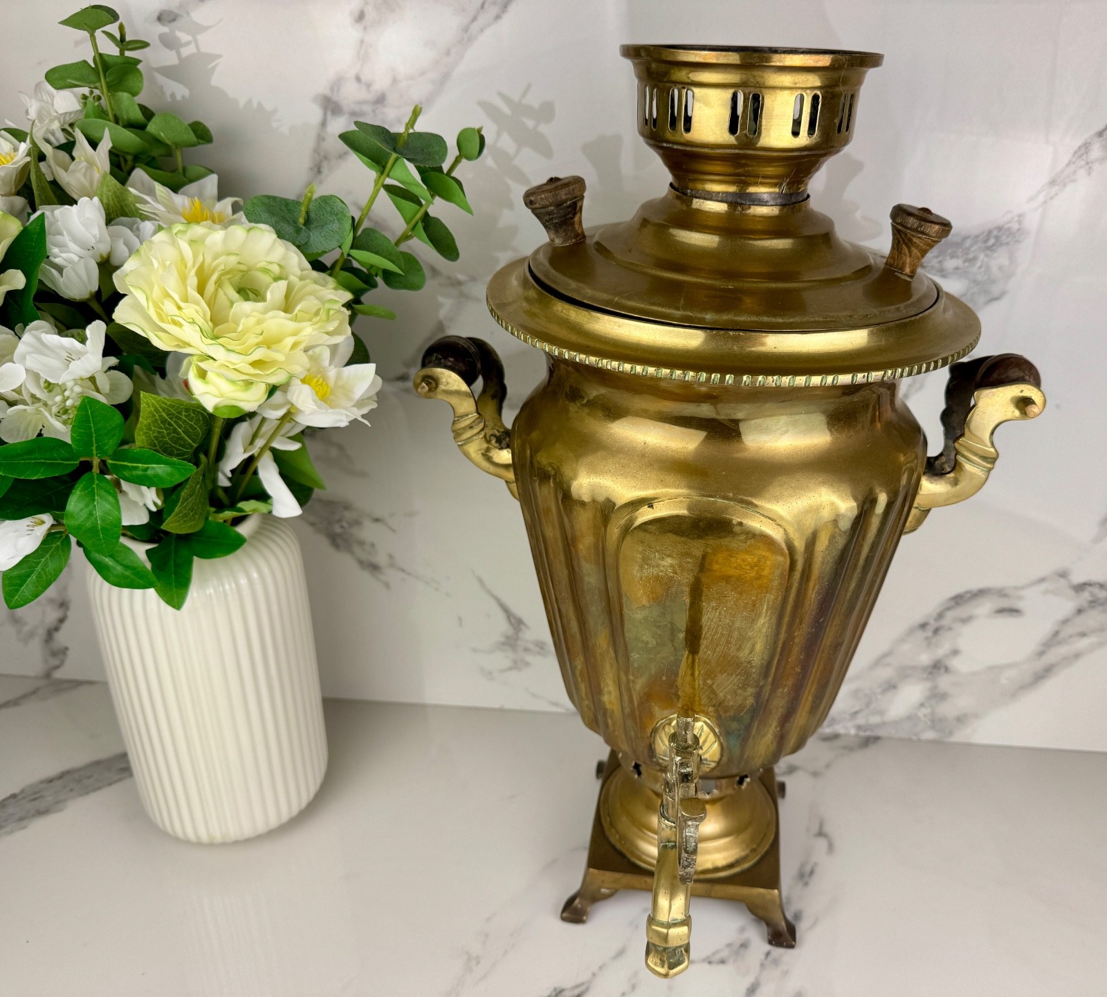 Vintage Russian Brass Samovar – Large Antique Decor Coal Burning Tea Urn