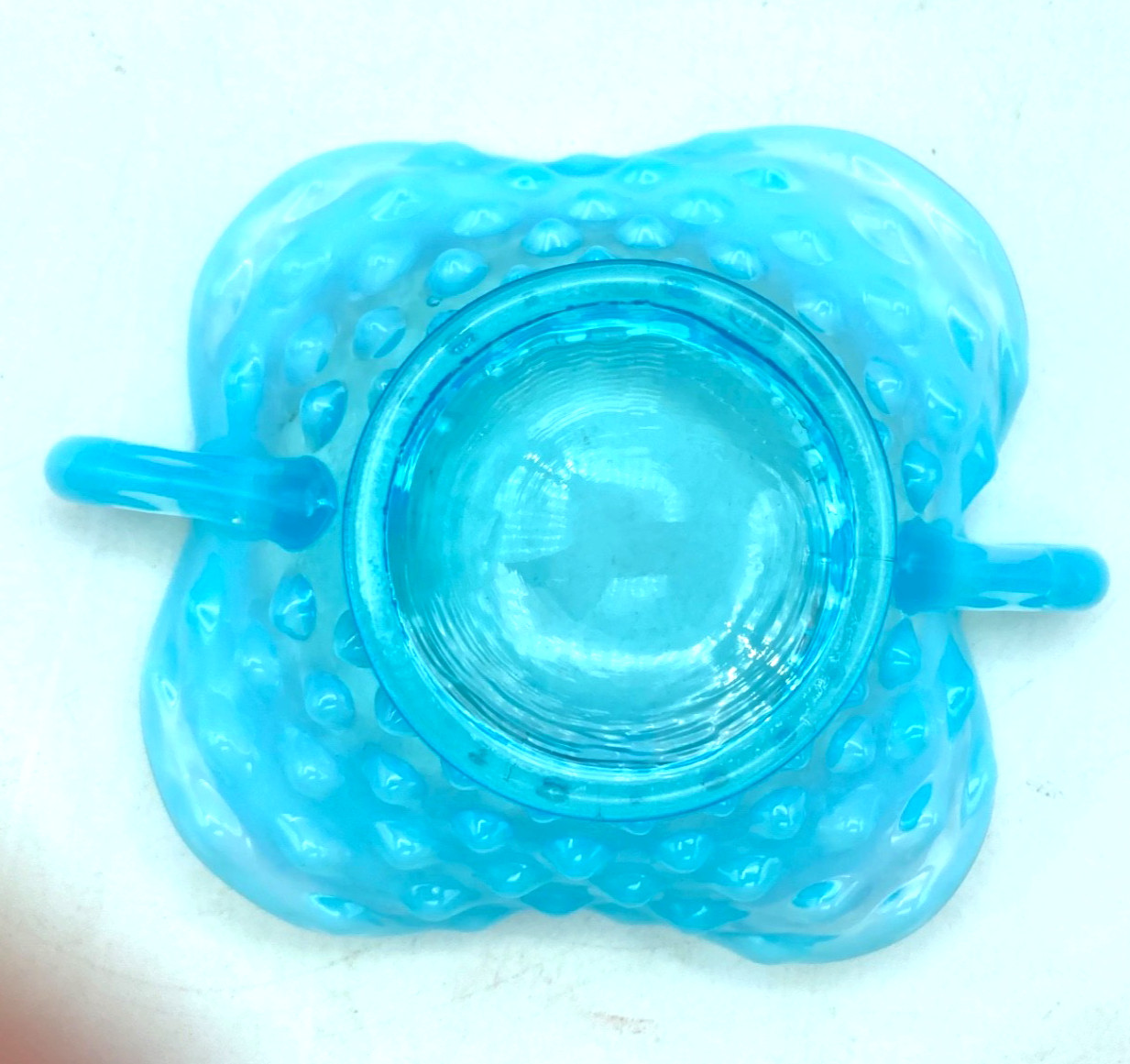Fenton Blue Opalescent Double Handled Bowl Hobnail Trinket Bon Bon Dish 4 3/4″ W