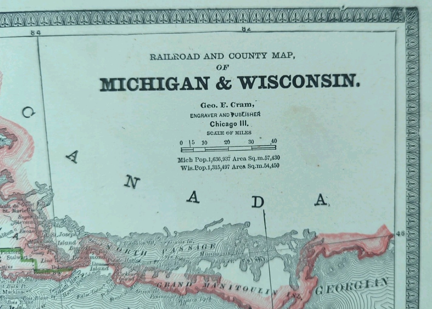 Vintage 1885 MICHIGAN WISCONSIN Map 21″x13″ ~ Old Antique Original WATERSMEET MI