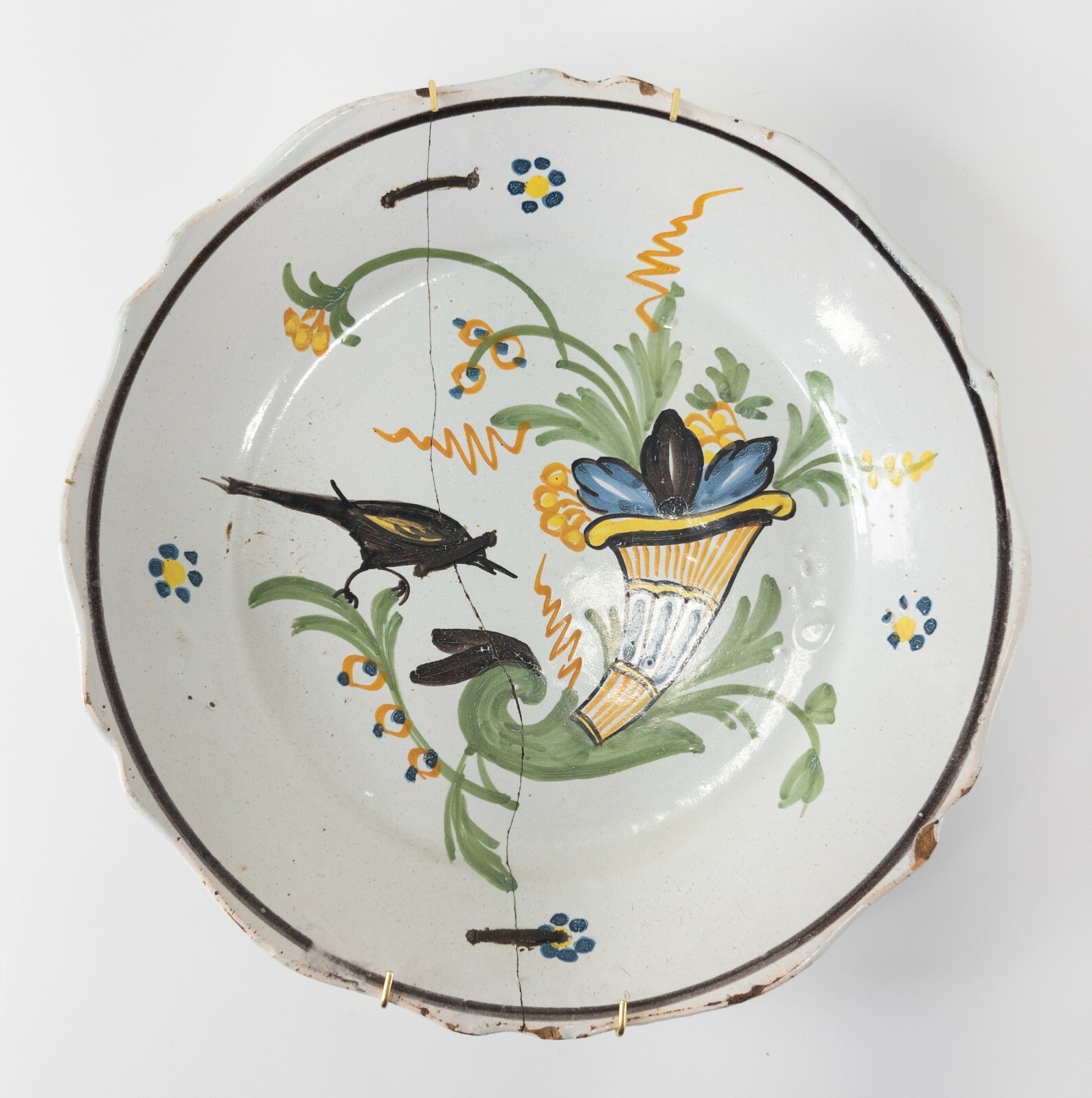Antique French Staple Repaired Polychrome Faience Plate Bird Cornucopia