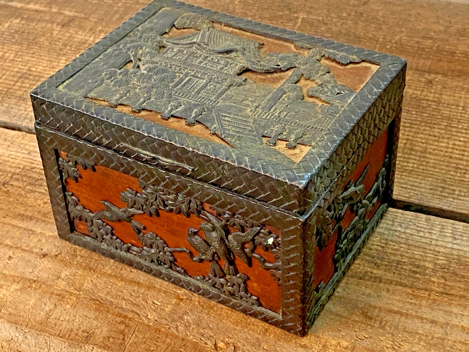 Antique Japanese Chinese Old Wood Box Bronze Respousse Overlay Signed Rare Wow