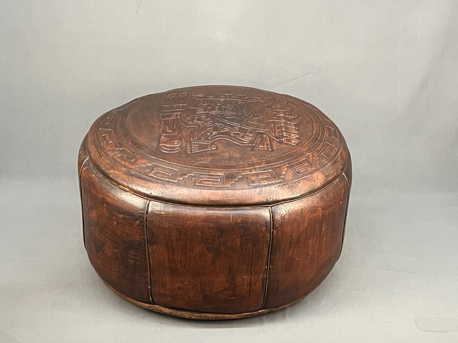 Vtg Brown Tooled Leather Peruvian 20″ Ottoman Hassock with Handle; 1940’s-50’s