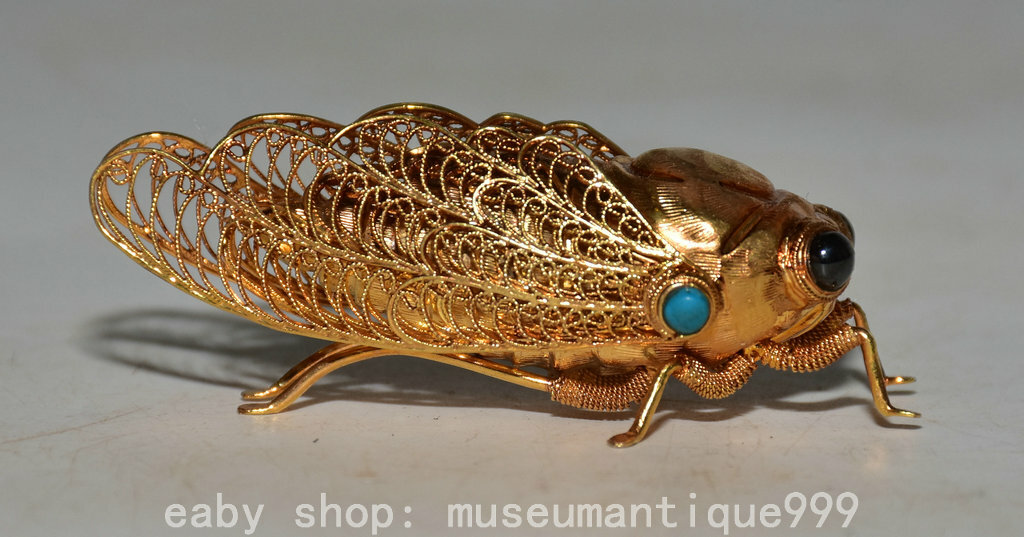 2.2” Old Chinese Copper 24K Gold Gilt Inlay Gem Golden Cicada Statue