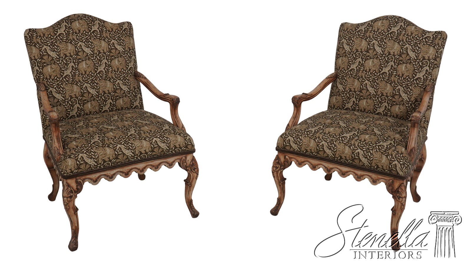 L68872: Pair WEIMAN French Louis XIV Safari Print Upholstered Armchairs