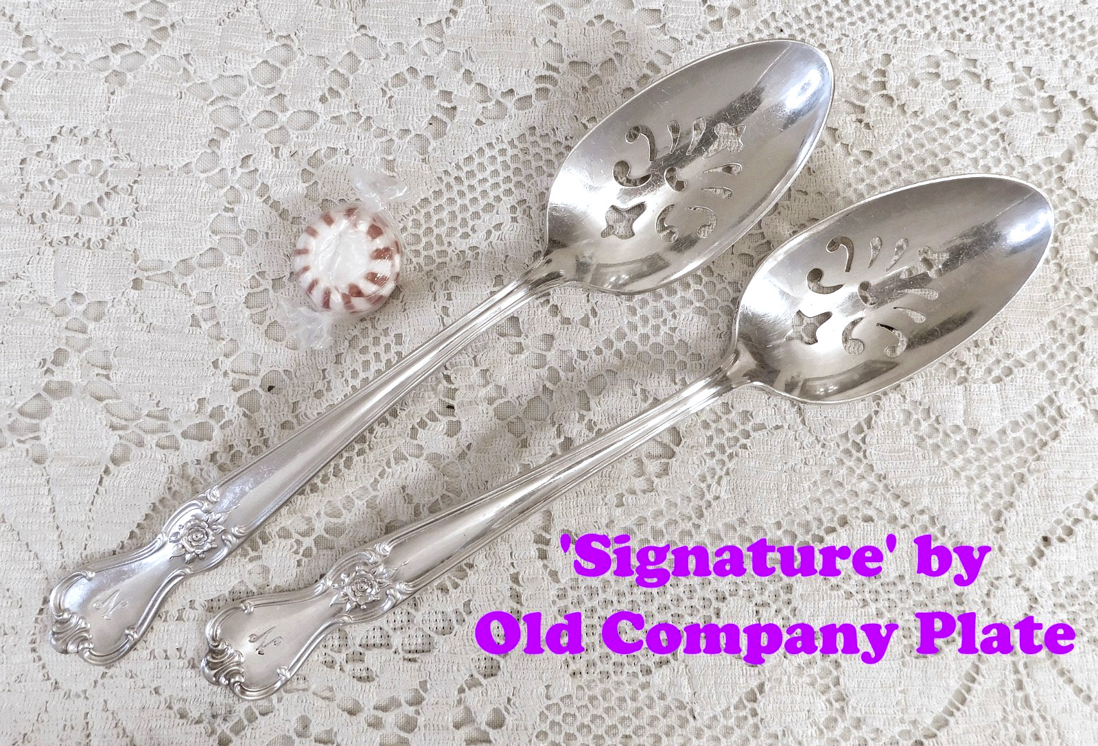Signature ~ 2 – Pierced Serving Spoons (8½”) ~ Old Company Plate Silverplate “N”