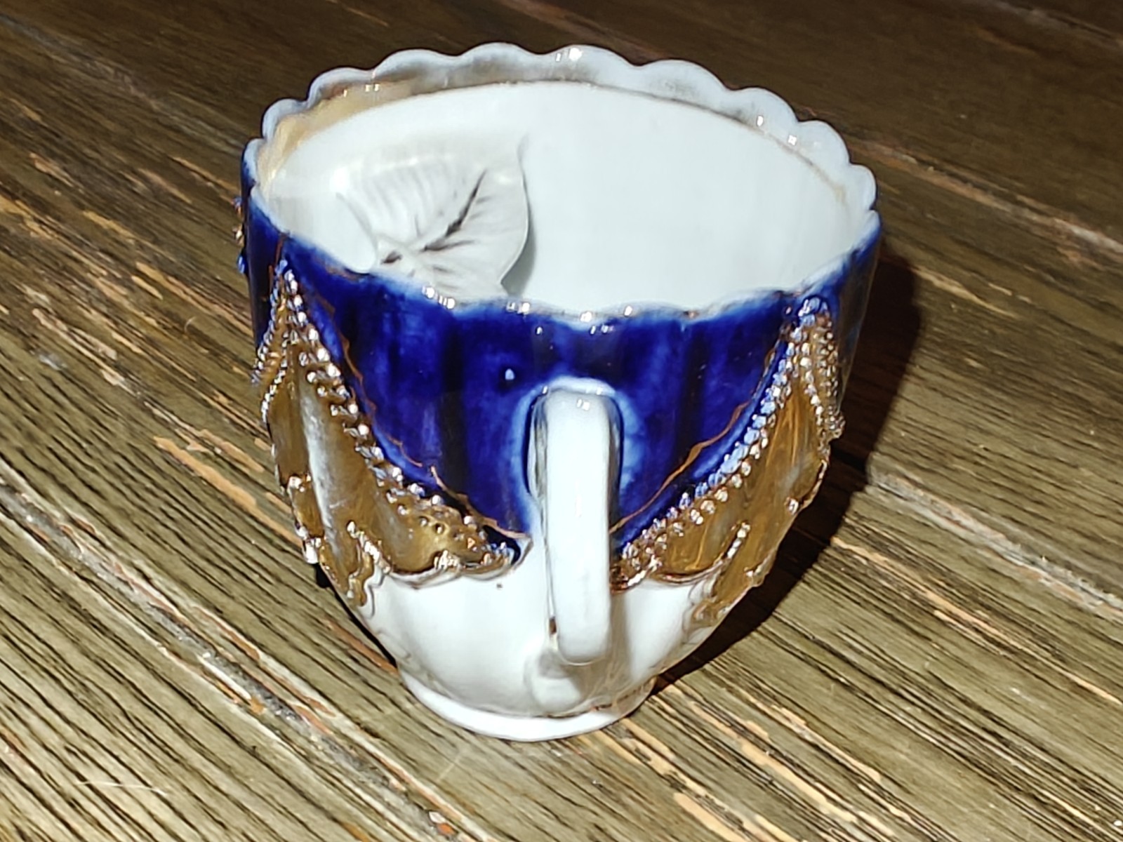 Vtg German Porcelain Embellished Mustache Cup Mug Cobalt Blue Gold Gilded Fancy
