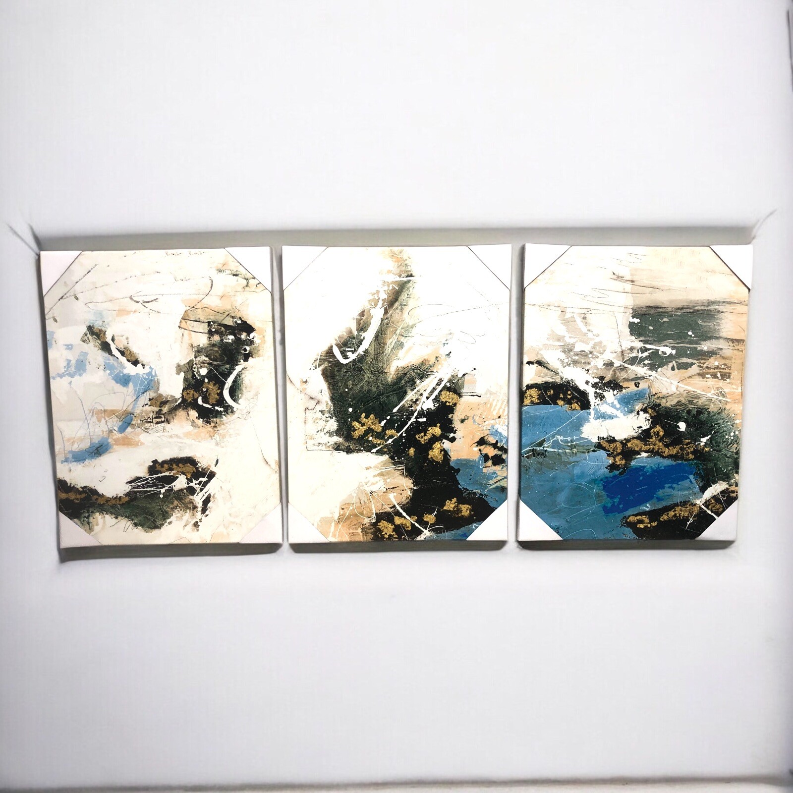 Abstract Wall Art Dining Room Bedroom Boho 12x16inches*3pcs Blue Gold And Black