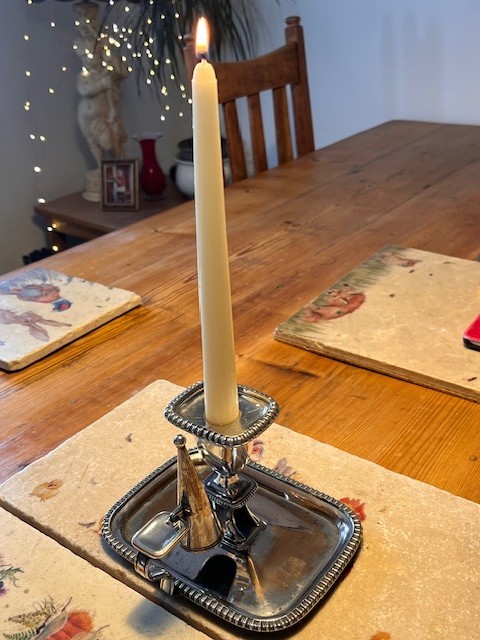 Silver on Copper candlestick, Chamberstick & Snuffer. Antique c.1890–1910