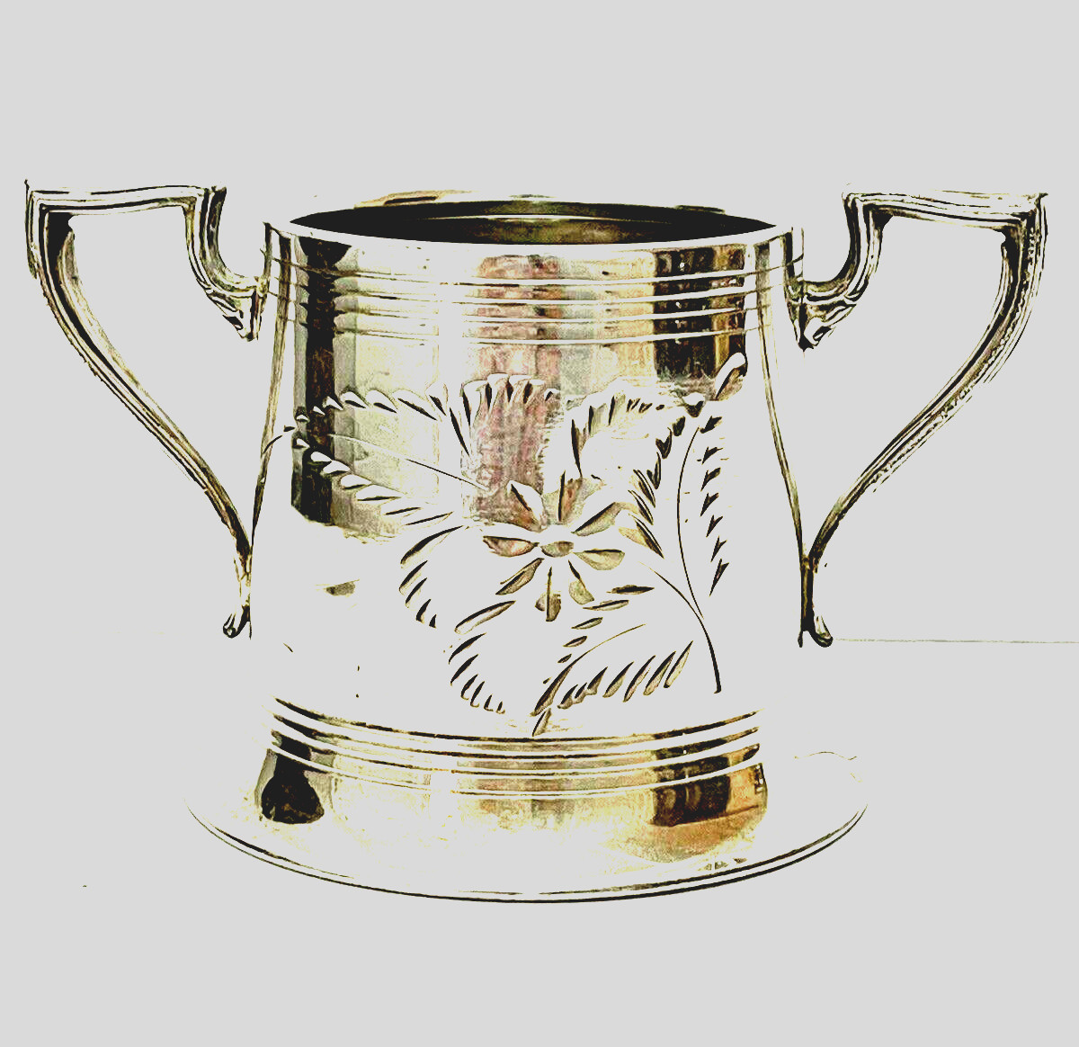 Sheffield Reproduction Silver Plated Two-Handled Cup Wide Base Etched