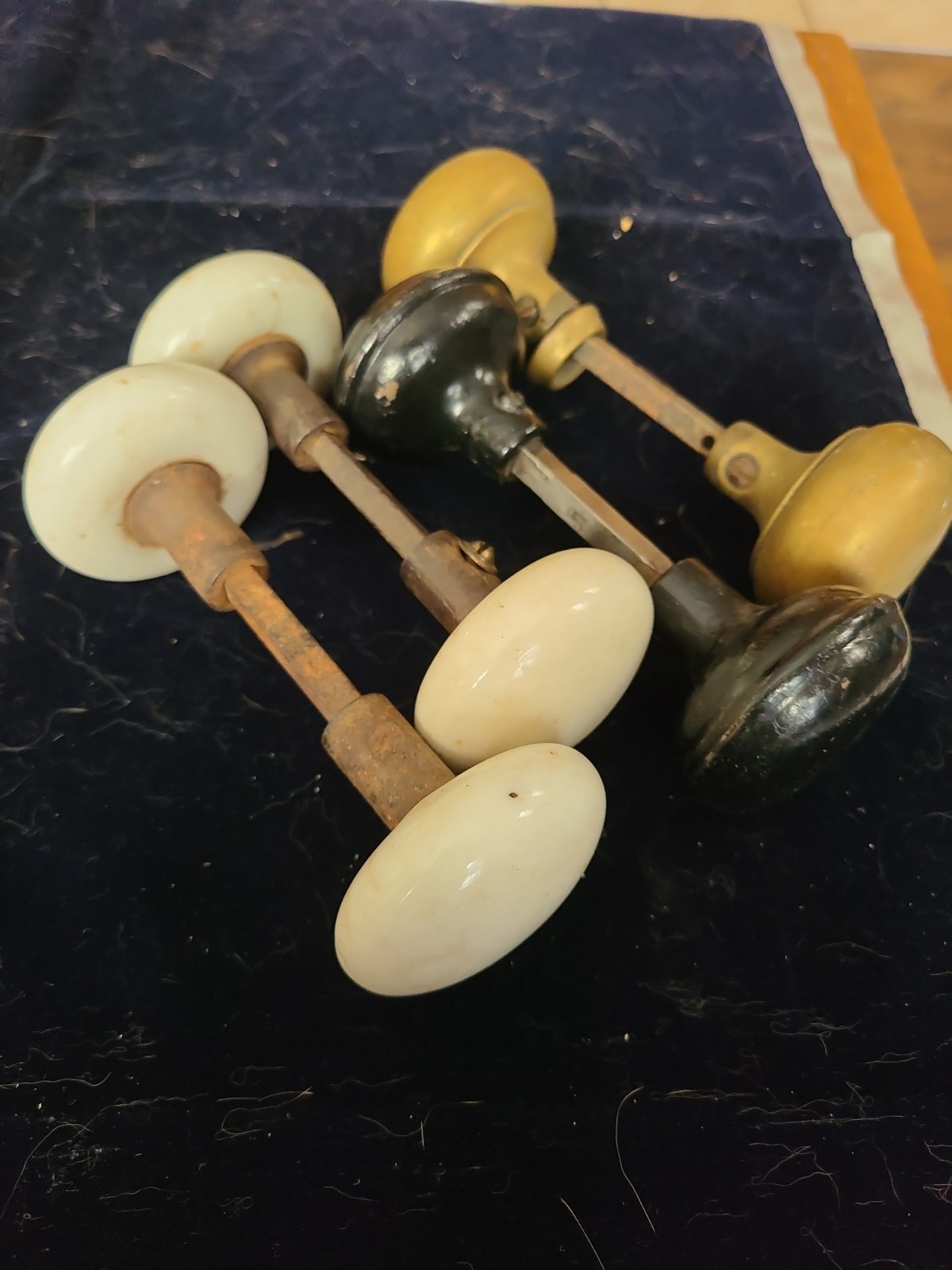 4 Sets Antique Door Knobs White Marble Brass & Pressed Steel