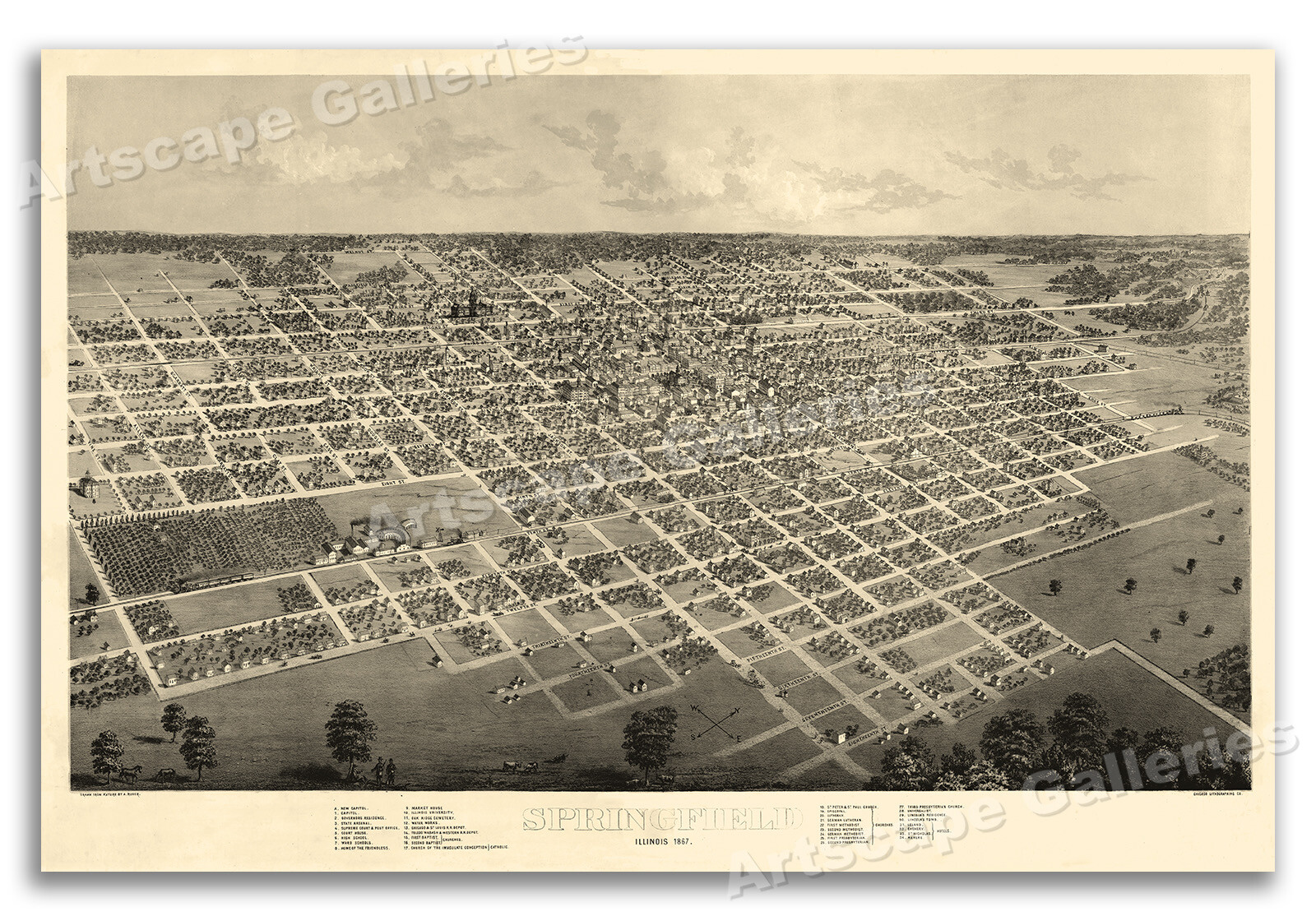 Springfield Illinois 1867 Historic Panoramic Town Map – 16×24