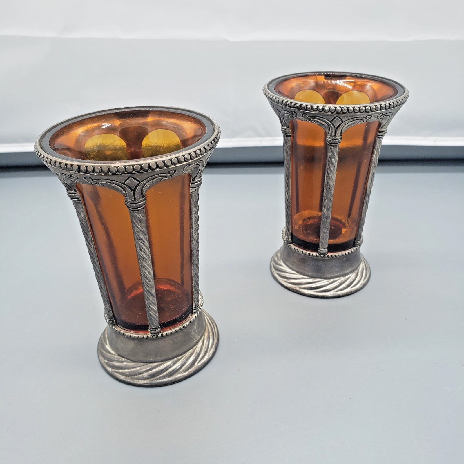 Vintage French Neoclassical Design Amber Art Glass Cups Deco Silver-Plated Metal