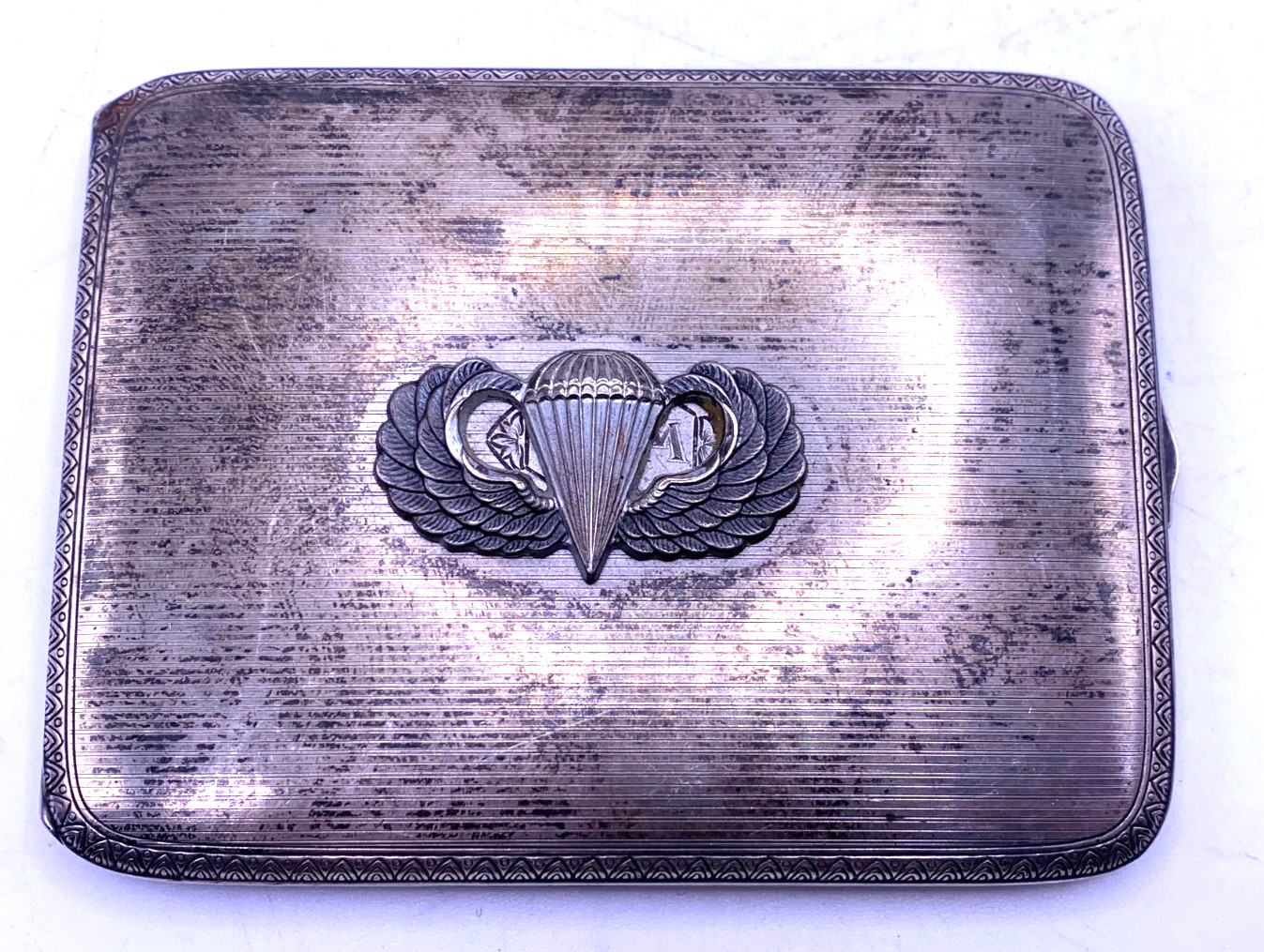 Vintage WW2 era Sterling Silver cigarette case Airborne Jump Wings 108 grams