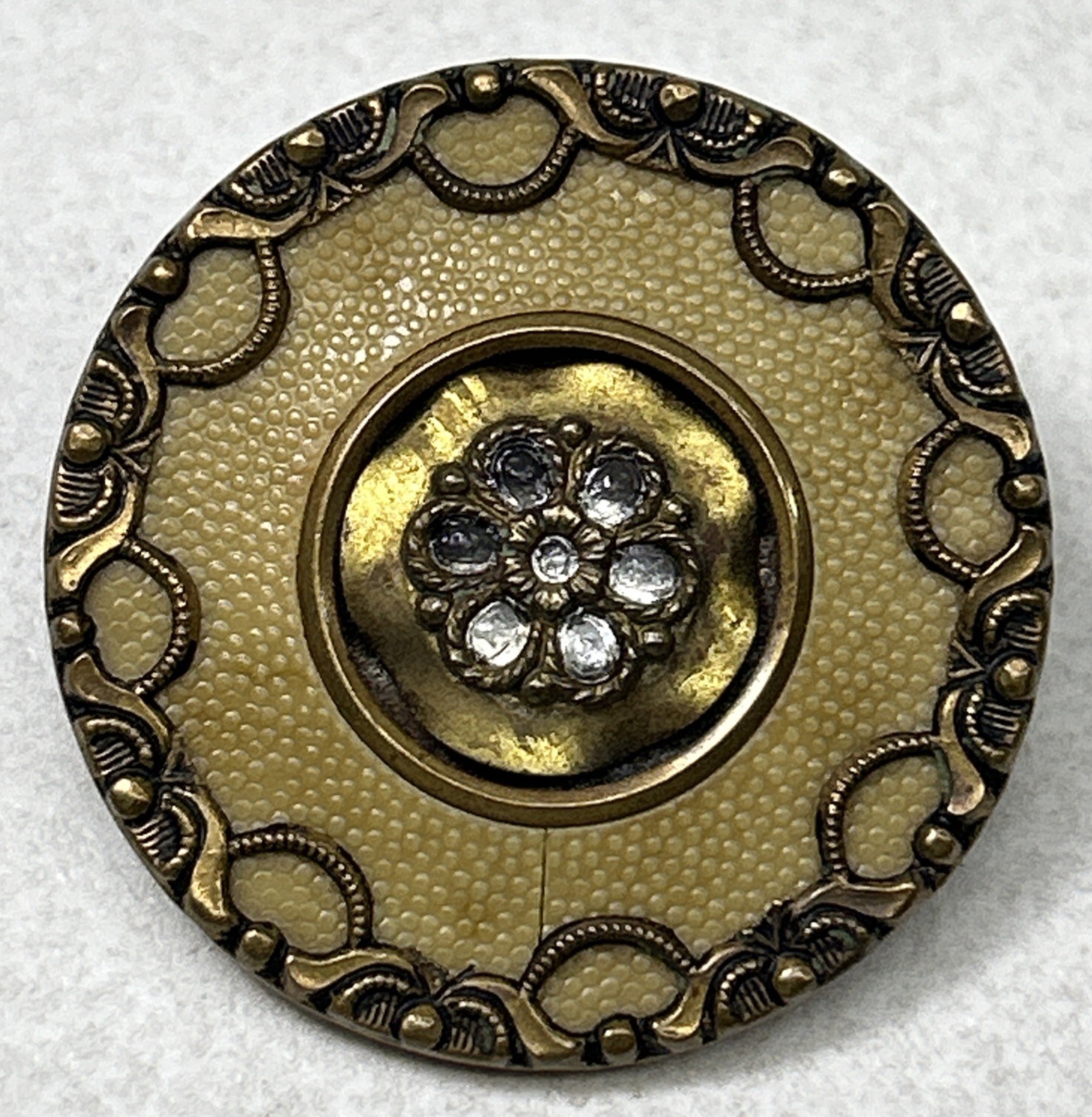 Antique Metal Celluloid Brass Button Glass Floral Under Brass Centerpiece