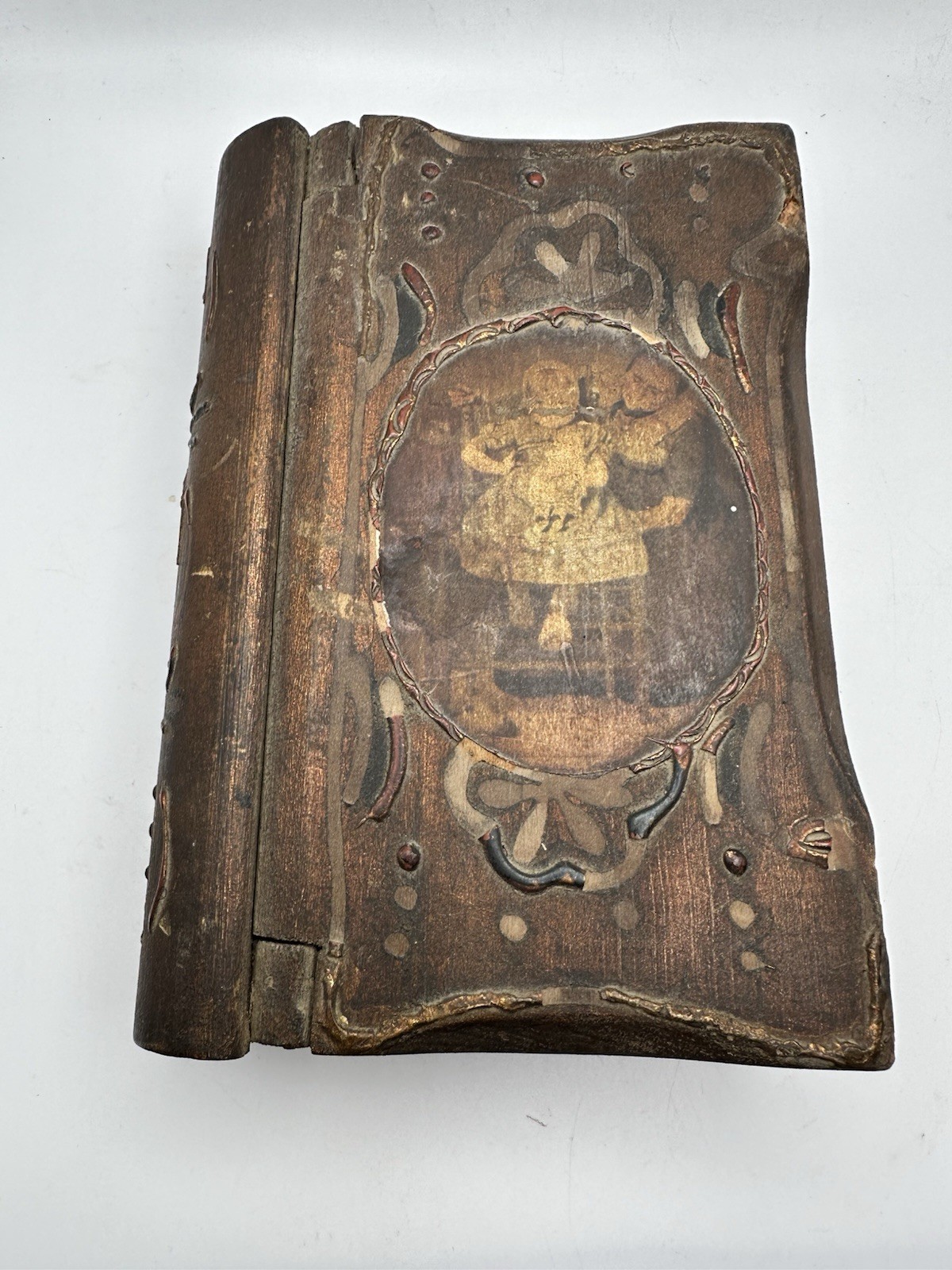 Antique Wooden Memorial Keepsake Book Style Box With Mother And Child Photo