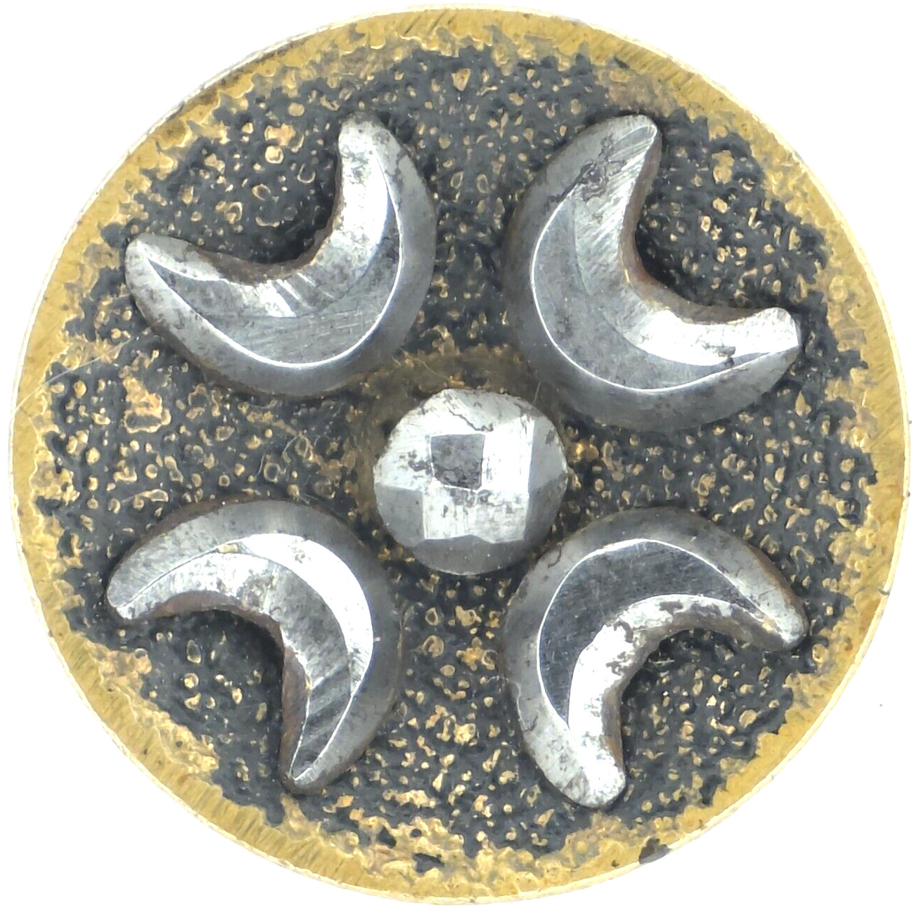 Antique Victorian Textured Black Cut Steel Star Cresent Moons Saturn Button .75″