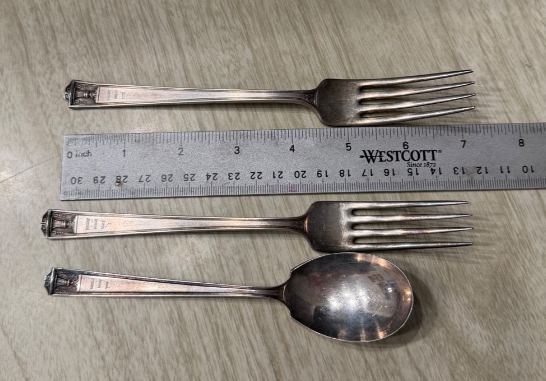 HOLMES & EDWARDS Silver plate 1923 CENTURY 2 Forks & Sugar Spoon Art Deco Urn