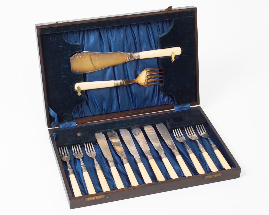 Antique 14-Piece Silver Plate Fish Serving Utensil Set in Wooden Case