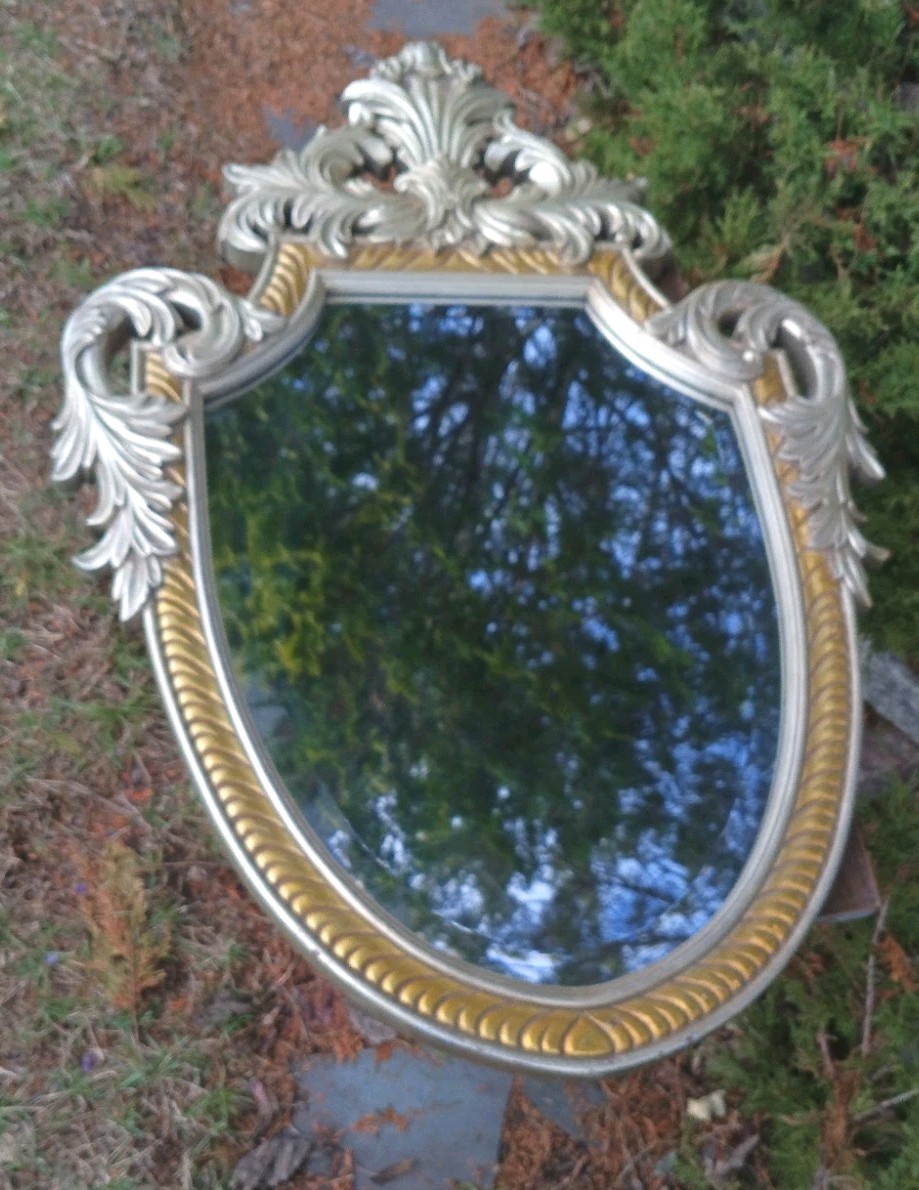 VTG RARE 40X29″ RIDICULOUSLY ORNATE RESIN TYPE BEVELED GLASS MIRROR GOLD& SILVER