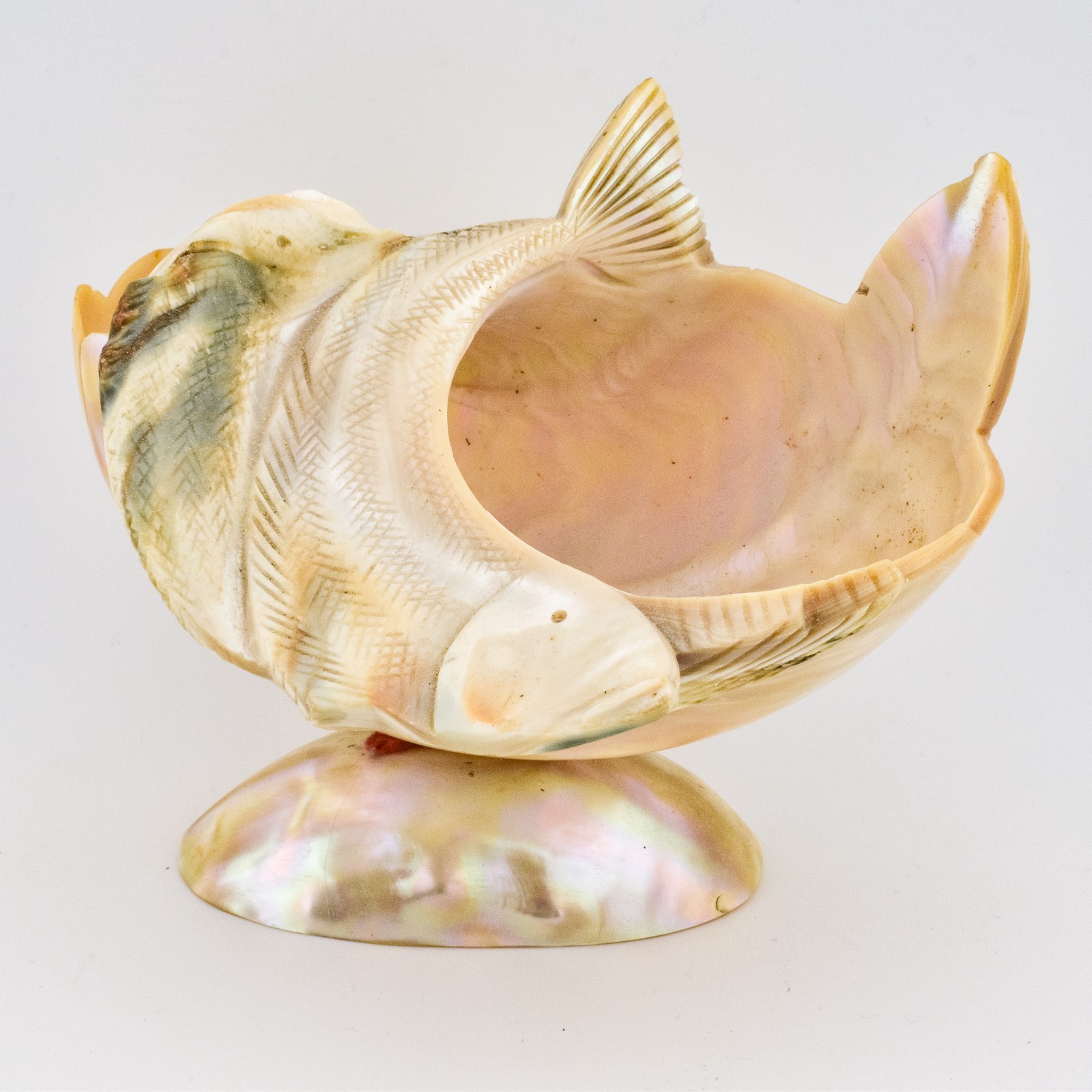 Victorian Hand Carved Conch Shell Fish Mother of Pearl Footed Large Basket Dish