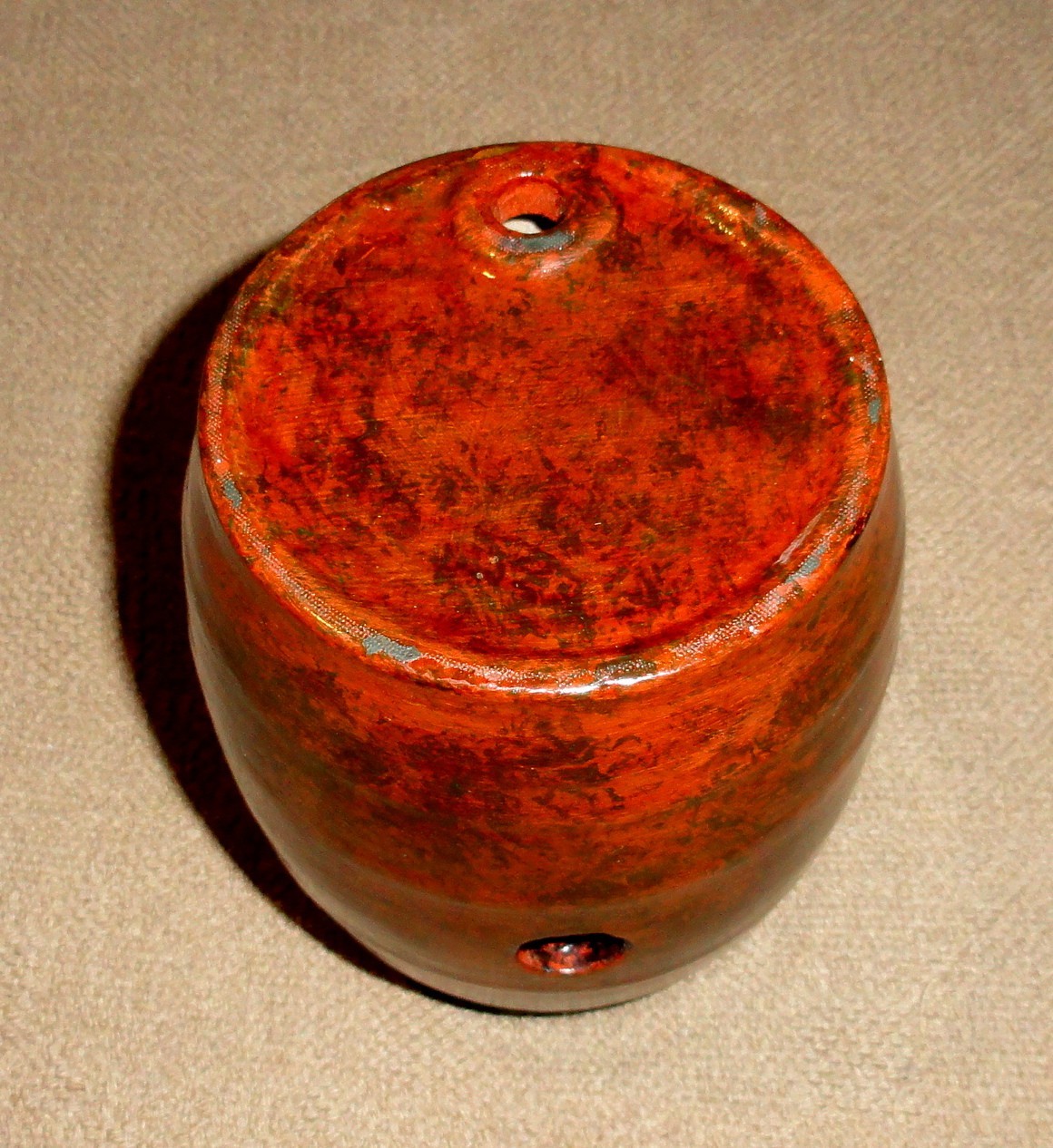 Rare 19th C. Sponge Decorated Redware Rundlet