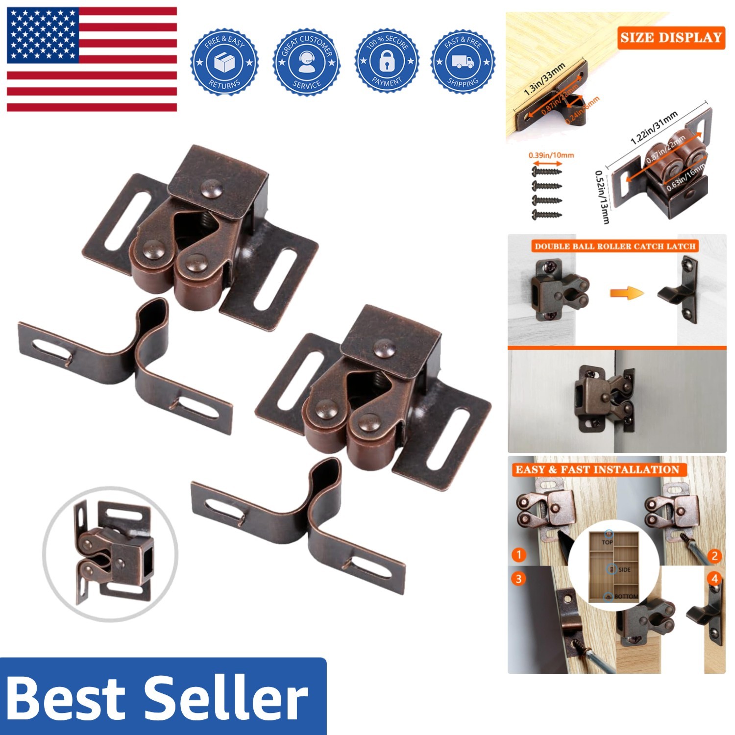 Versatile 2 Pack Bronze Cabinet Latch with Double Roller Catch – Easy Install