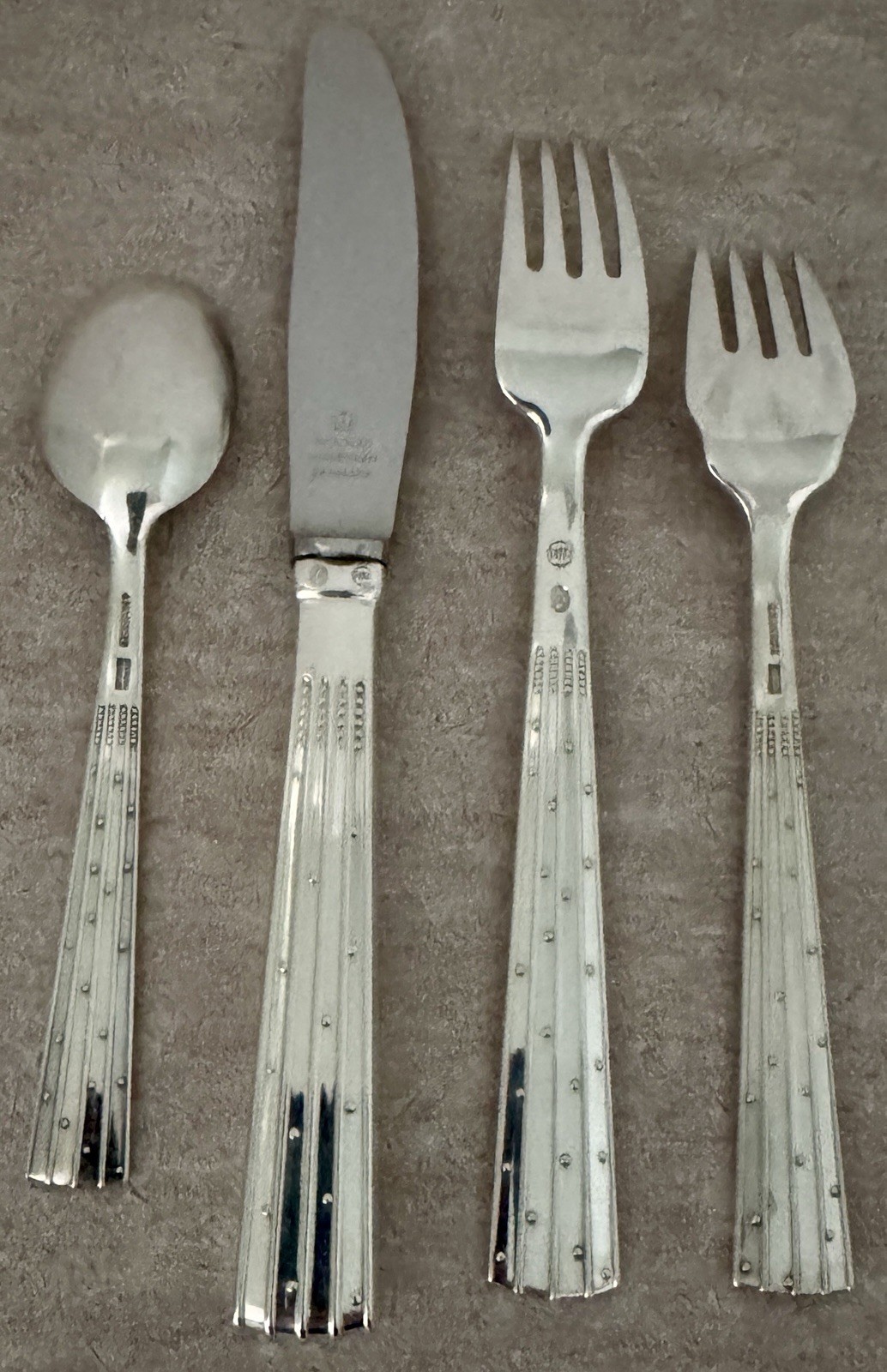 ART DECO MOGENSEN CHAMPAGNE PATTERN STERLING FLATWARE SET OF 12 TOTAL 48 PIECES