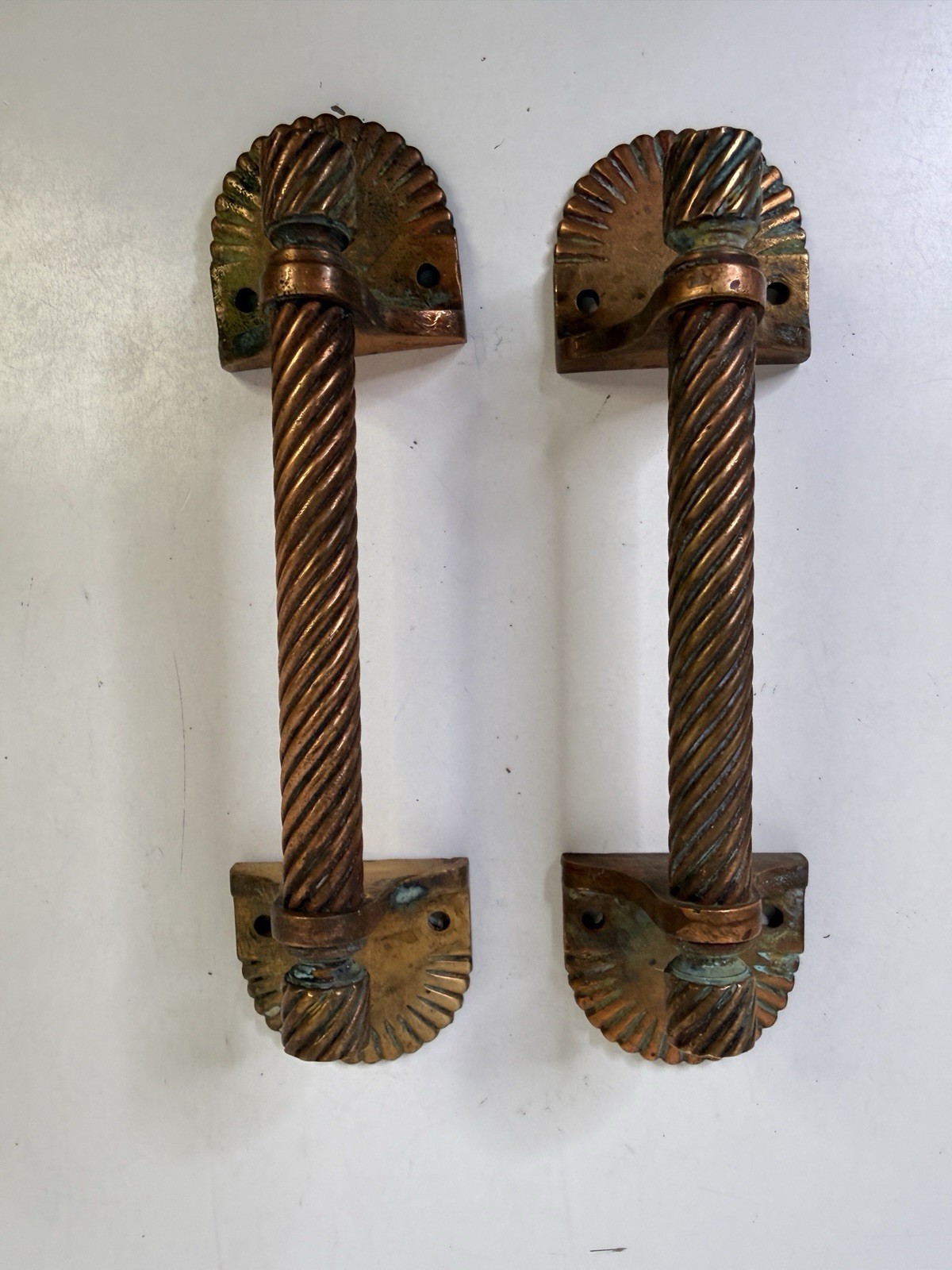 Antique Spiral Art Deco Handles Door Large Pulls Brass Patina Hardware Set 7.5”