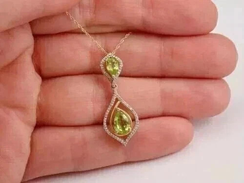 3Ct Pear Cut Lab Created Green Peridot Halo Pendant Women 14k Yellow Gold Plated