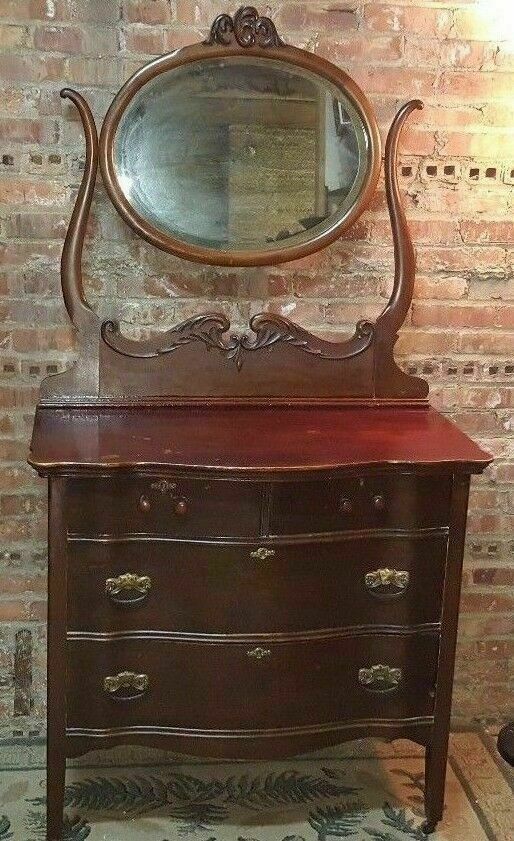 Antique Vanity Dresser Chest of Drawers w Attached Mirror & Curved Drawers