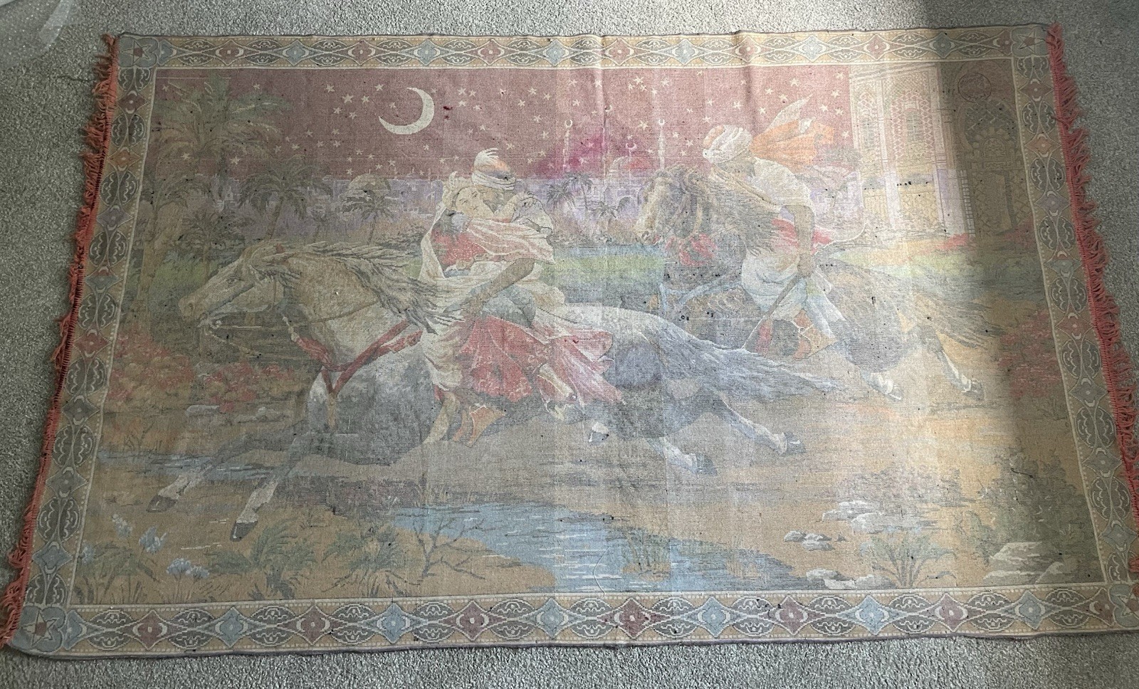 VTG XL Velvet Tapestry Arabian Nights Stolen Bride Wall Art Rich Colors Fringed