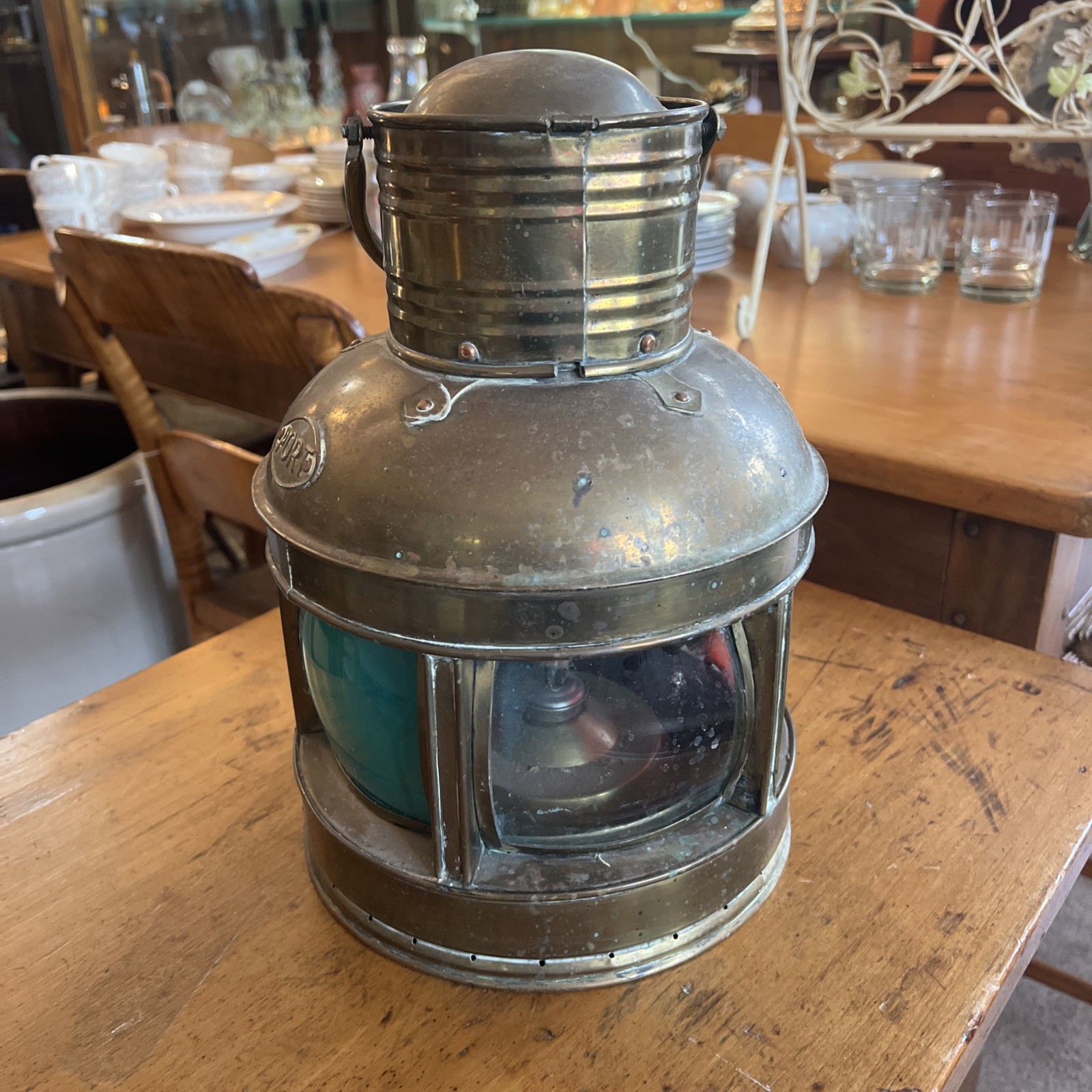 Antique Brass Masthead Lantern – Tri-Color Glass (Red, Blue, Clear) Ship Light