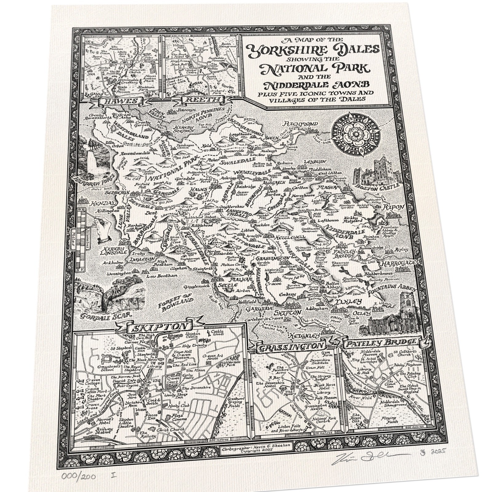 Yorkshire Dales Map [with mount] – Fine Art Prints Hand Drawn by Manuscript Maps