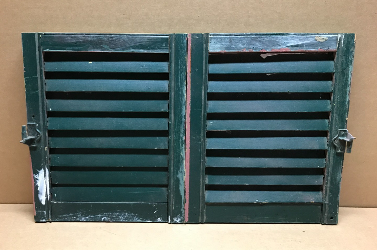 Antique Pair 15×18 House Window Wood Louvered Shutters Shabby VTG Chic 982-26B