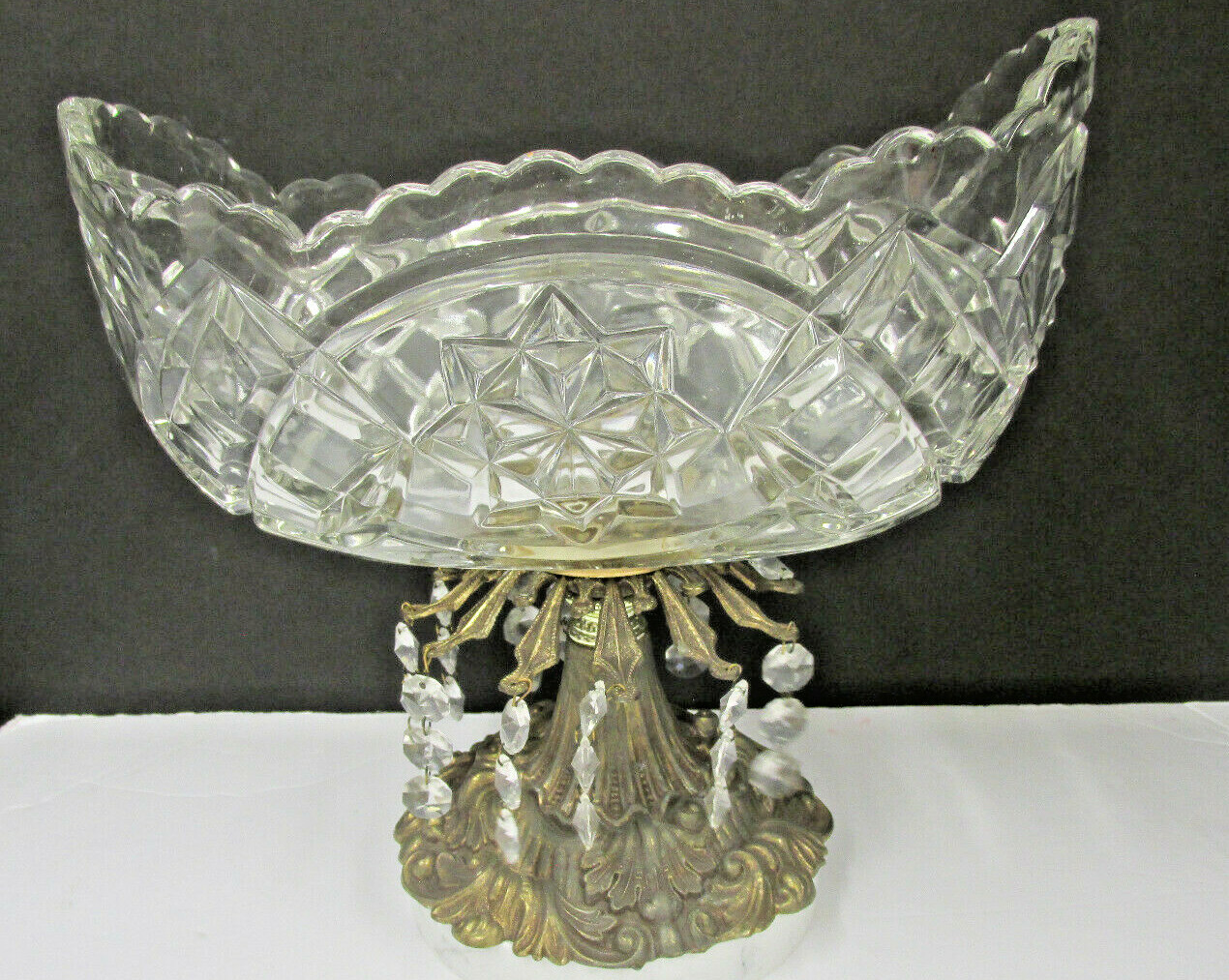 CONSOLE BOWL MARBLE BASE CUT GLASS CRYSTAL PEDESTAL GOLD BRONZE GILT