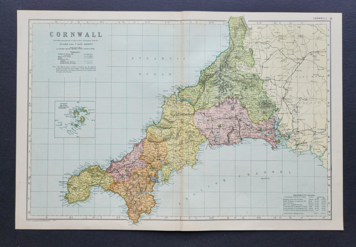 Antique 1903 Large Map – Cornwall – GW Bacon – Falmouth – Newquay – Penzance