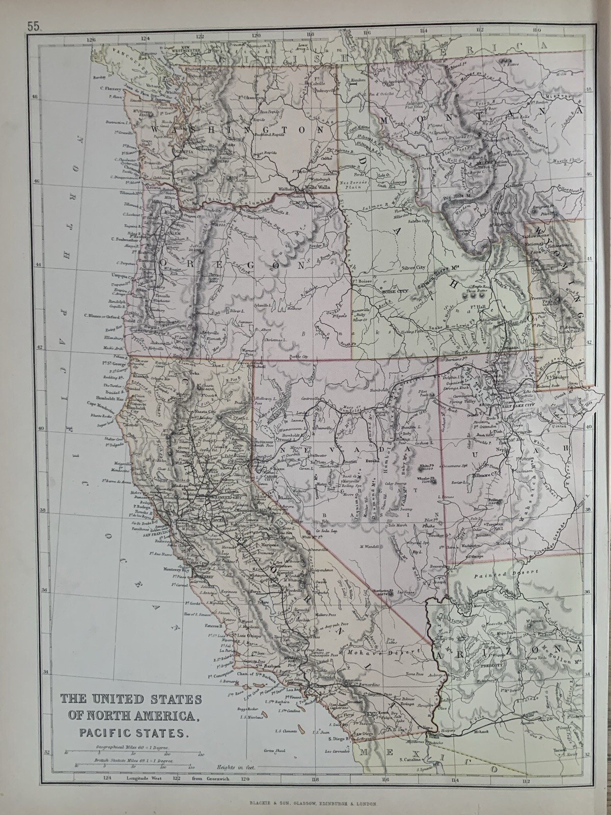 1884 Western United States, Pacific States Antique Colour Map by Edward Weller