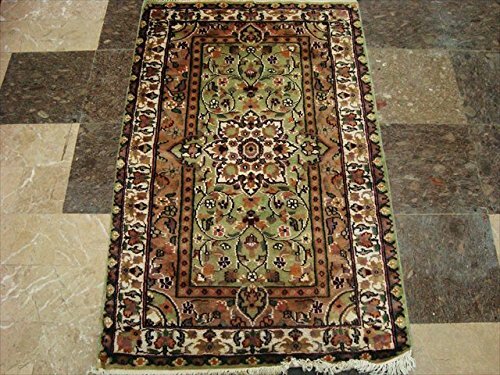 Area Rug Green Ivory Touch Rectangle Hand Knotted Wool Silk Home Carpet (4×2.6)’
