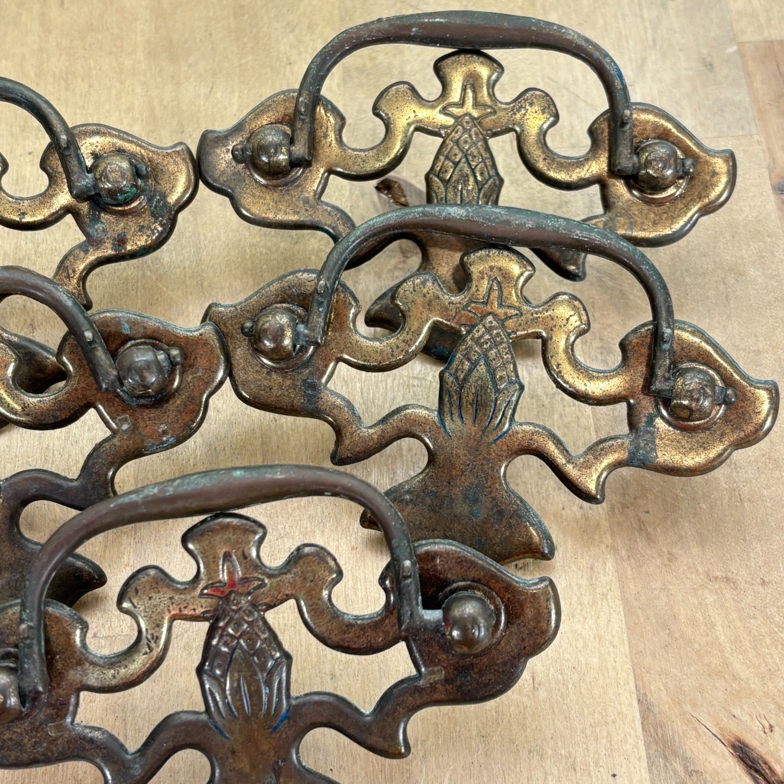 Set 5 Vintage Brass Bassett Pineapple Drawer Drop Bail Pull Handles, 4.25″w