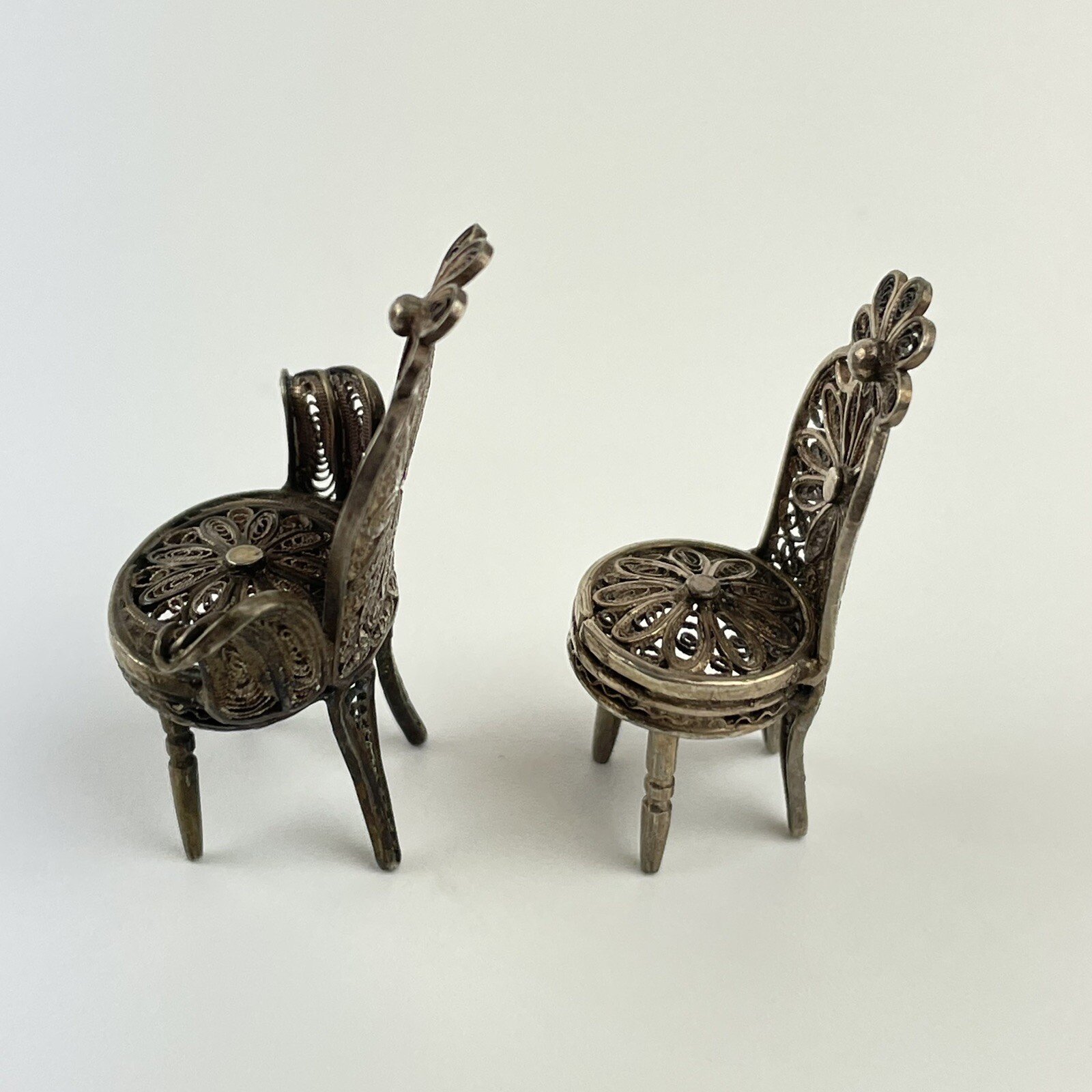 2 Antique Solid Low Grade Silver Tested Filigree Floral Miniature Chairs