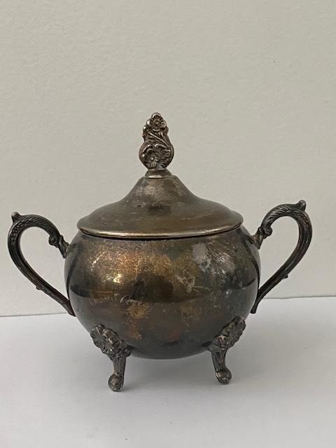 Vintage Ornate Silverplate Sugar Bowl Footed with Lid and Handles Tarnished