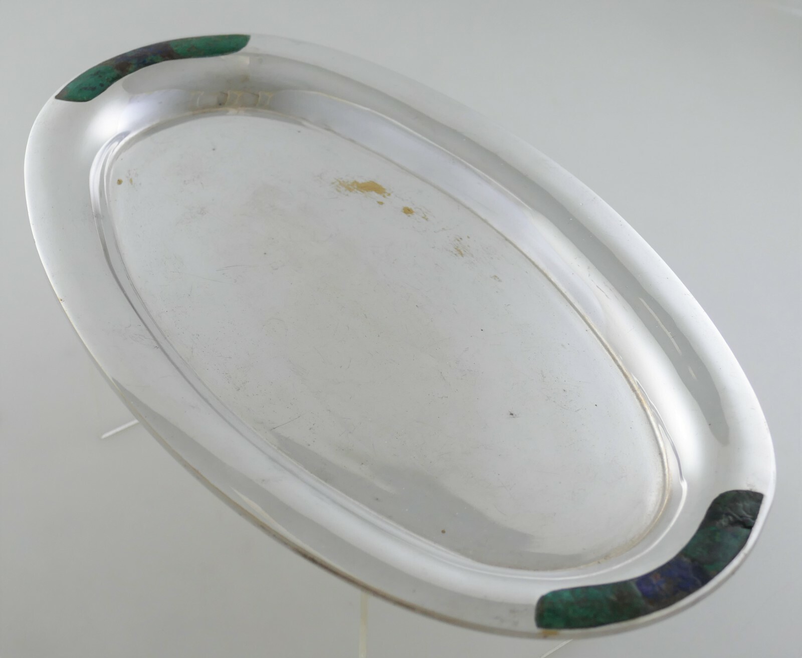 Handwrought Los Castillo Plateado Silver Plate & Natural Stone Inlay Tray 1985