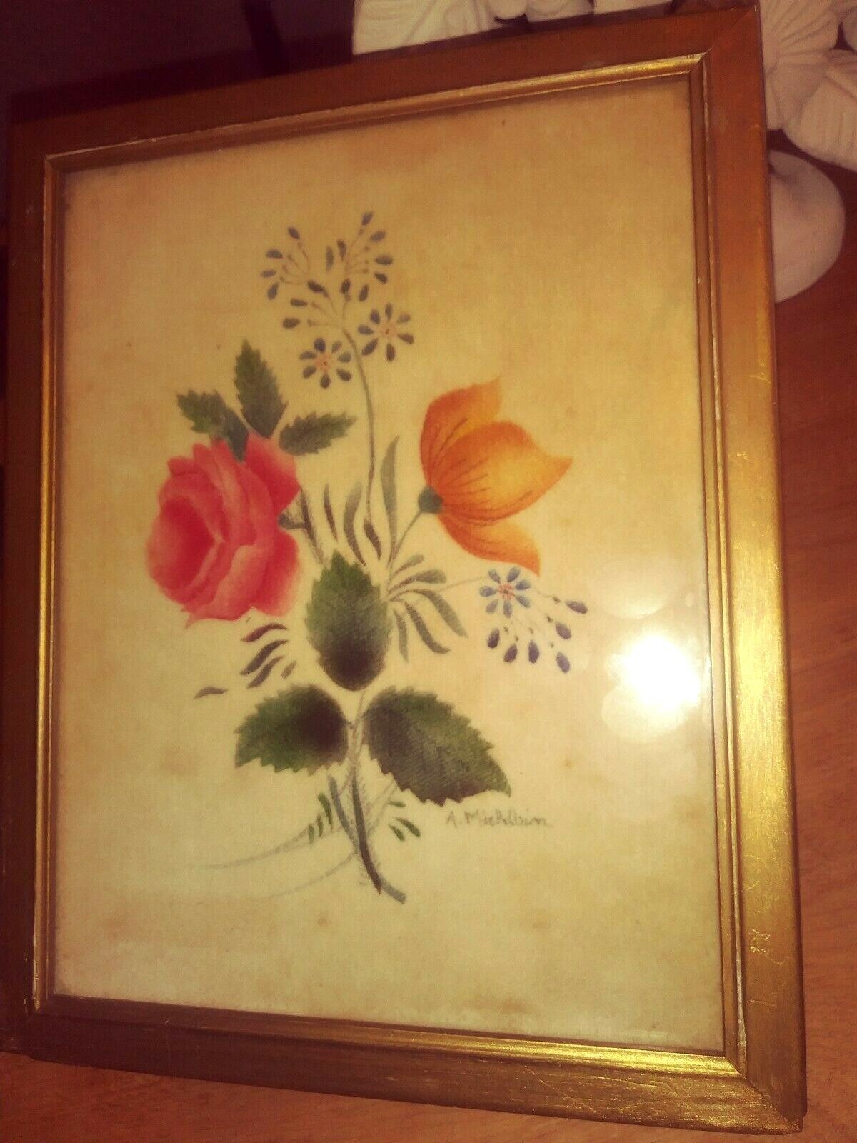 1920’s Framed Stenciled Theorem Floral Bouquet w Rose/Tulip by A. Michlein/Conn