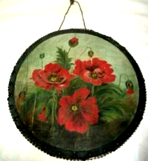 1890s French Oil Painting Poppies Folk Art Wood Crate Round Primitive Chain Rare