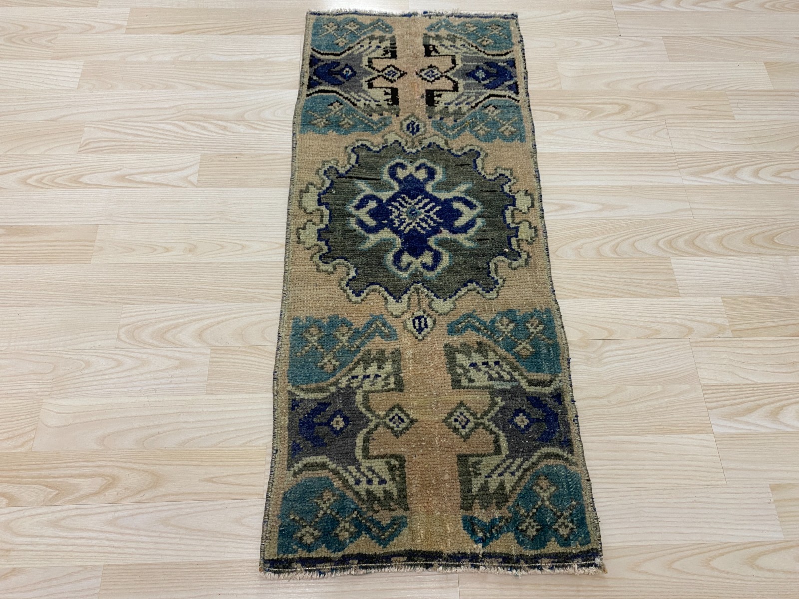 Antique Turkish Rug 1.2×3.0 ft Vintage Blue Muted Oushak Small Wool Boho Mat Rug