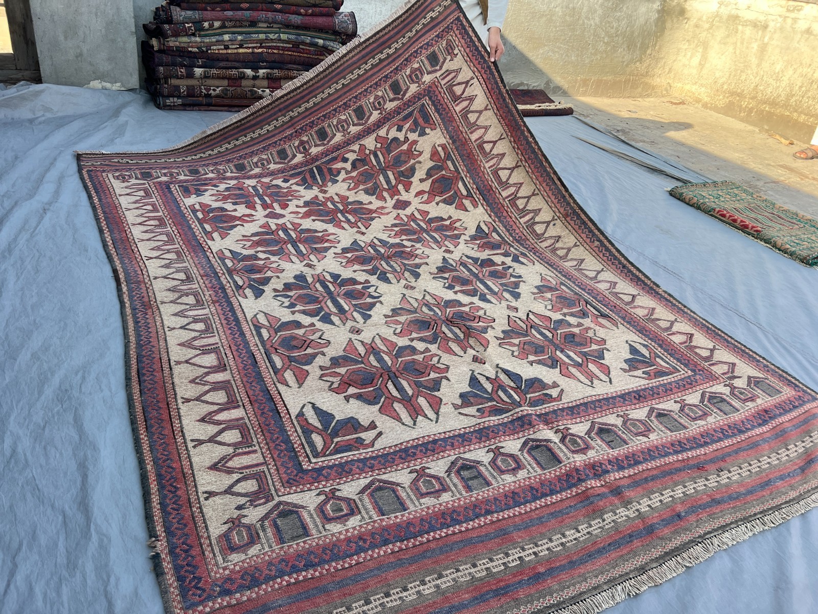 6’4 x 8’8 ft Vintage Afghan Sumak Kilim Rug, Flat Weave, Rare Faded Bedroom Rug