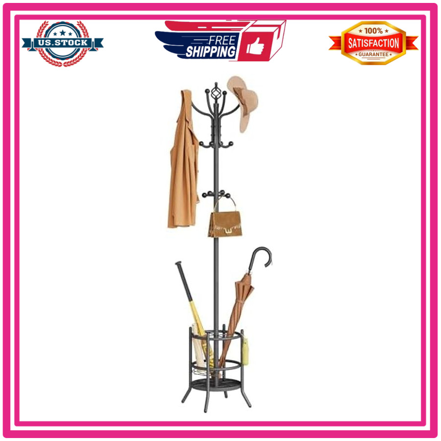 Tajsoon Coat Rack with Umbrella Holder 16 Hooks Freestanding Coat Tree Grey